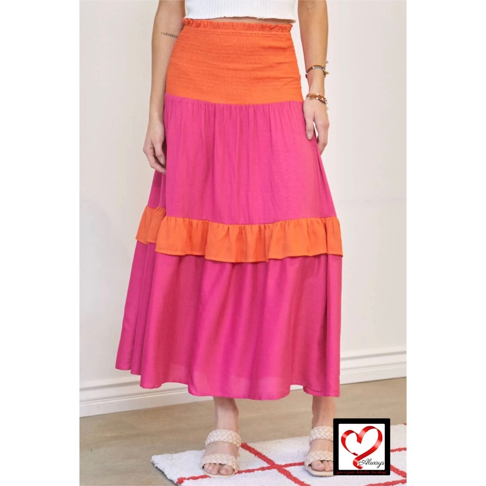 Color-blocked Smocked Maxi Skirt